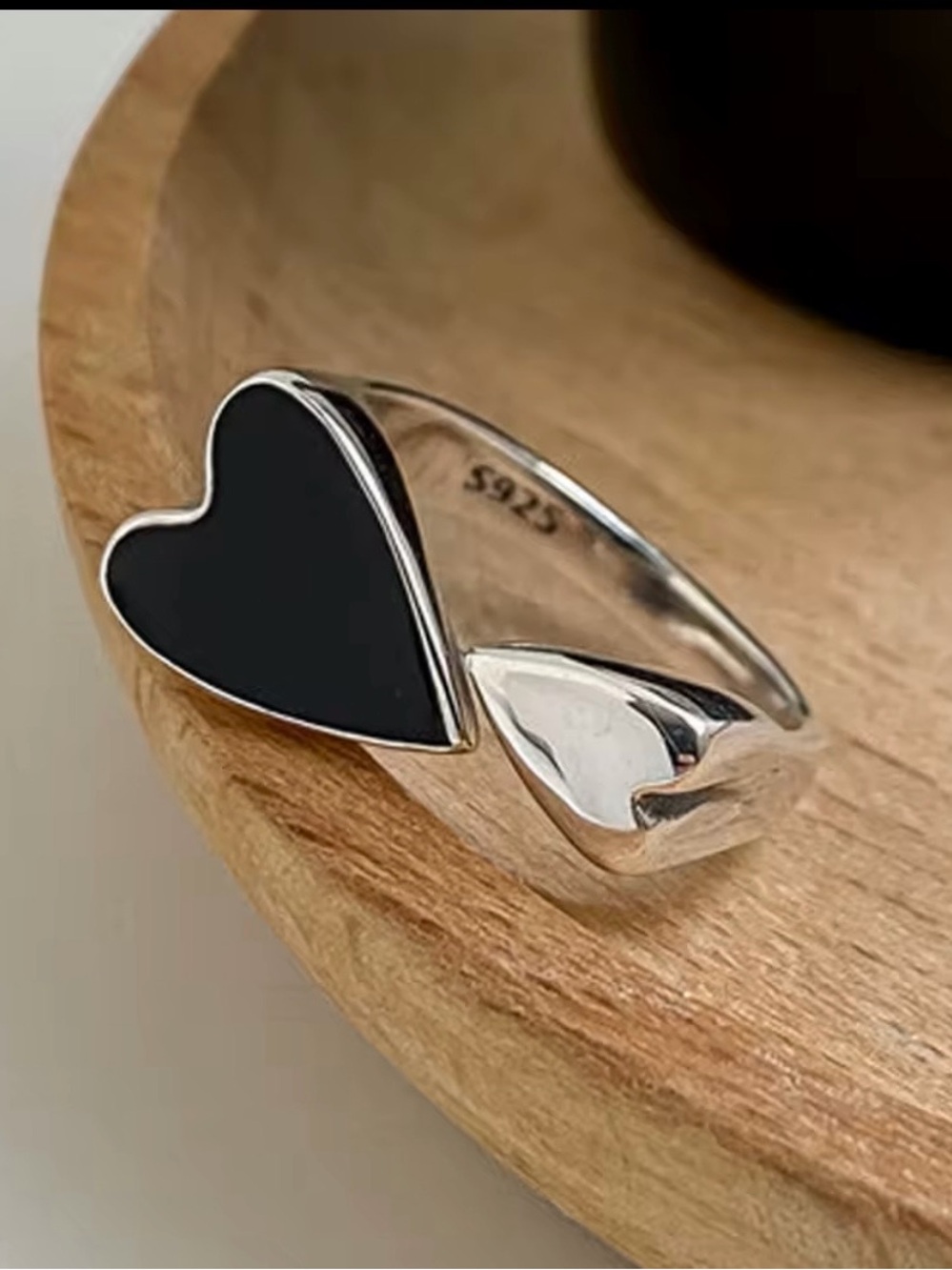 Sterling Silver Black Heart Open Ring with Contrast Heart Accent
